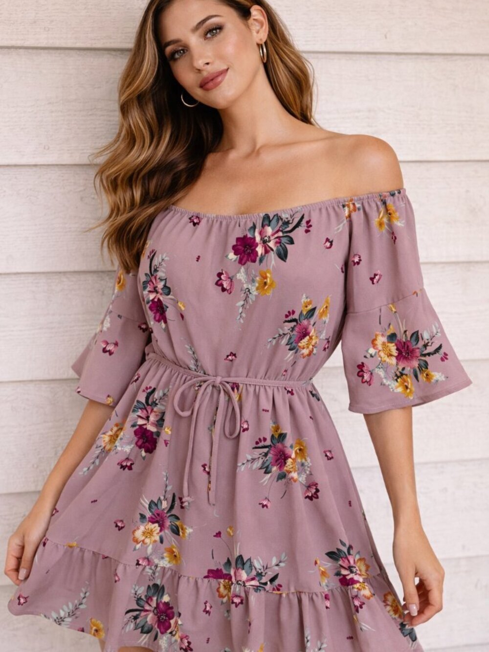 Windsor Mauve Floral Off Shoulder Skater Dress M Boho Romantic